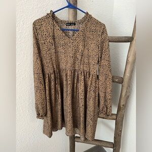 SHEIN Tan and Black Spotted V-Neck Dress
